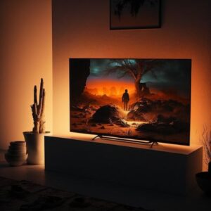 tv scherm met erachter een oranje hue led strip