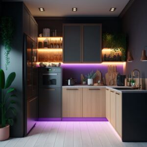 eiken keuken met paarse led strips onder de keukenkastjes